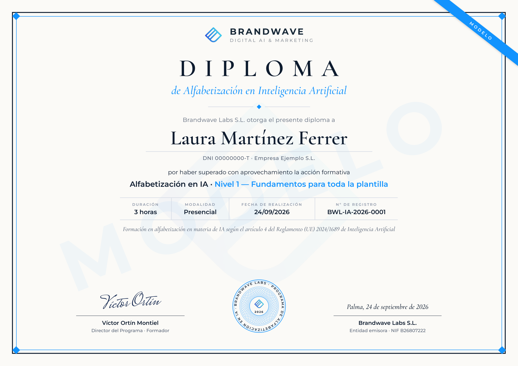 Modelo de diploma individual de Alfabetización en Inteligencia Artificial, Nivel 1, conforme al artículo 4 del Reglamento (UE) 2024/1689 — Brandwave
