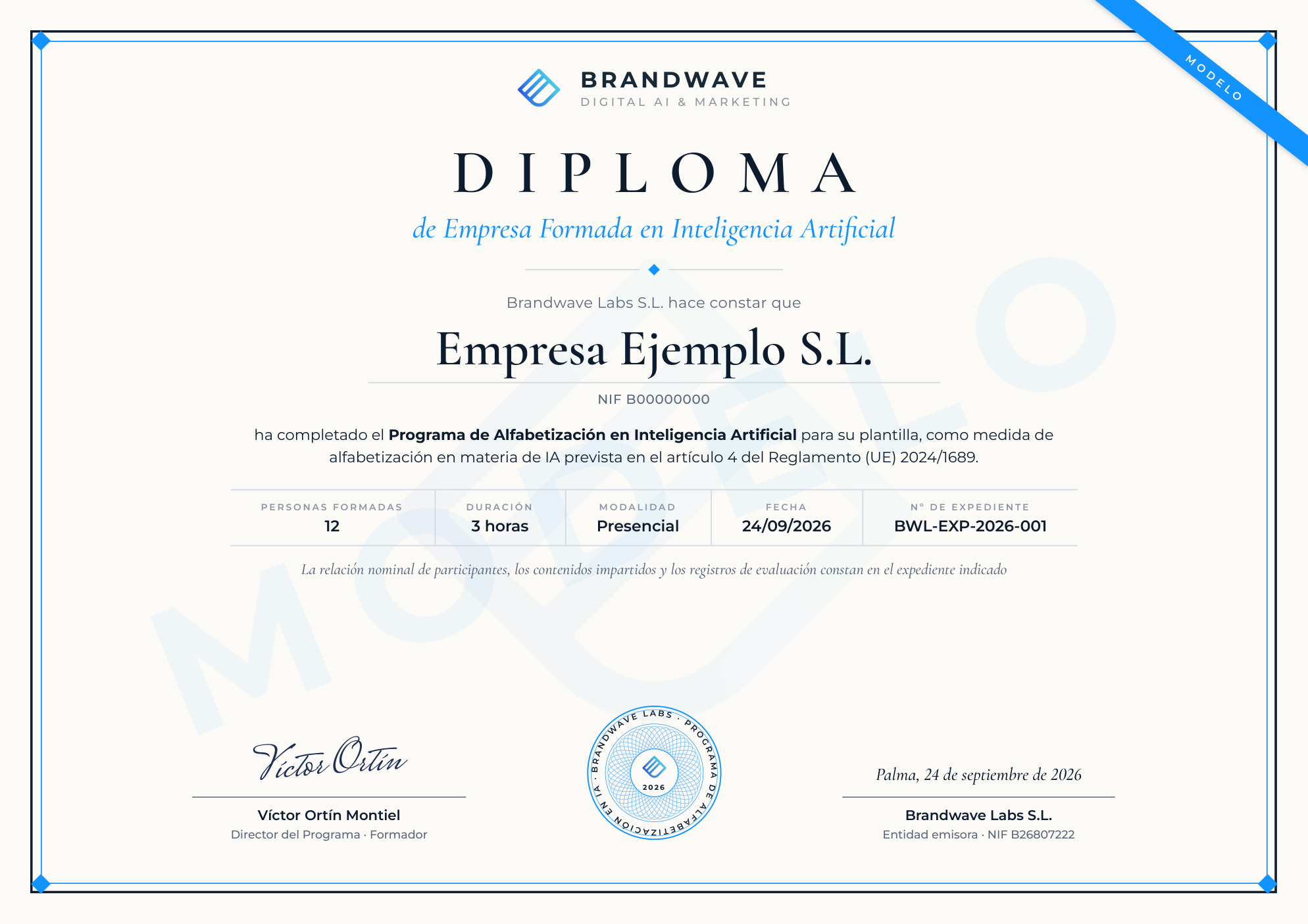 Modelo de diploma de Empresa Formada en Inteligencia Artificial conforme al artículo 4 del Reglamento (UE) 2024/1689 — Brandwave